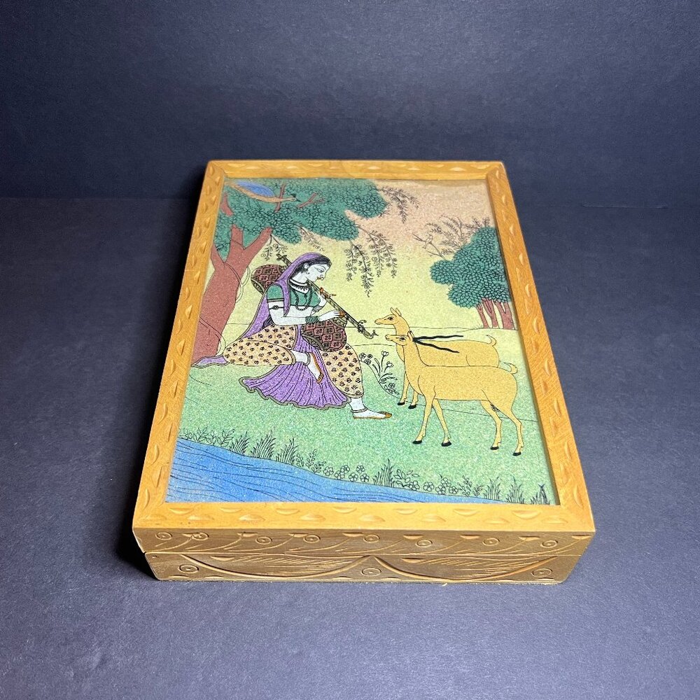 VTG Hand Carved Wooden Velvet Lined Indian Woman & Antalope Trinket Jewelry Box